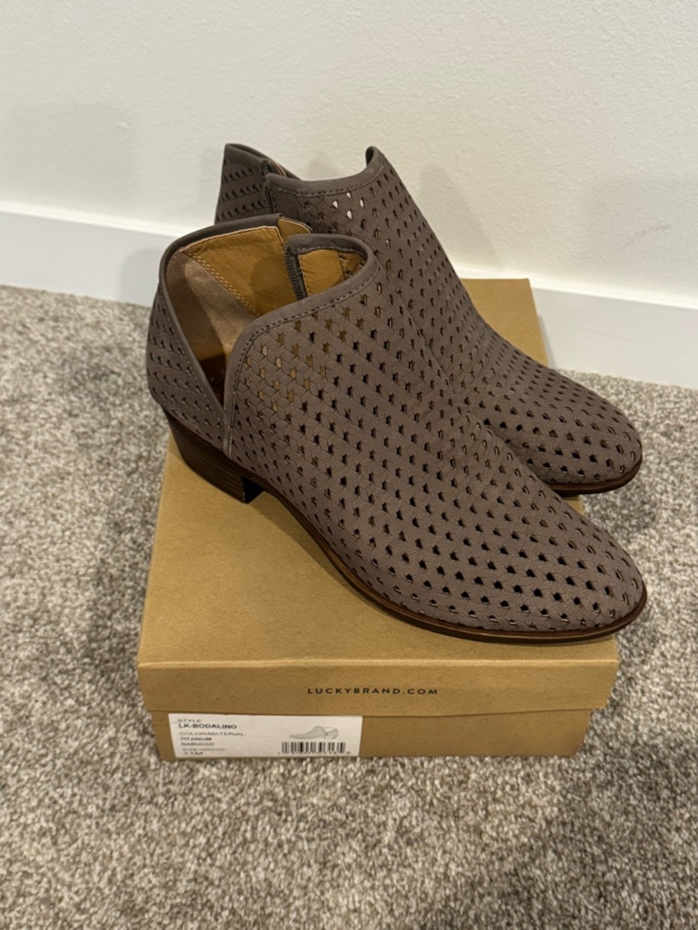 NEW Lucky Brand Taupe Perforated Cutout Ankle Booties